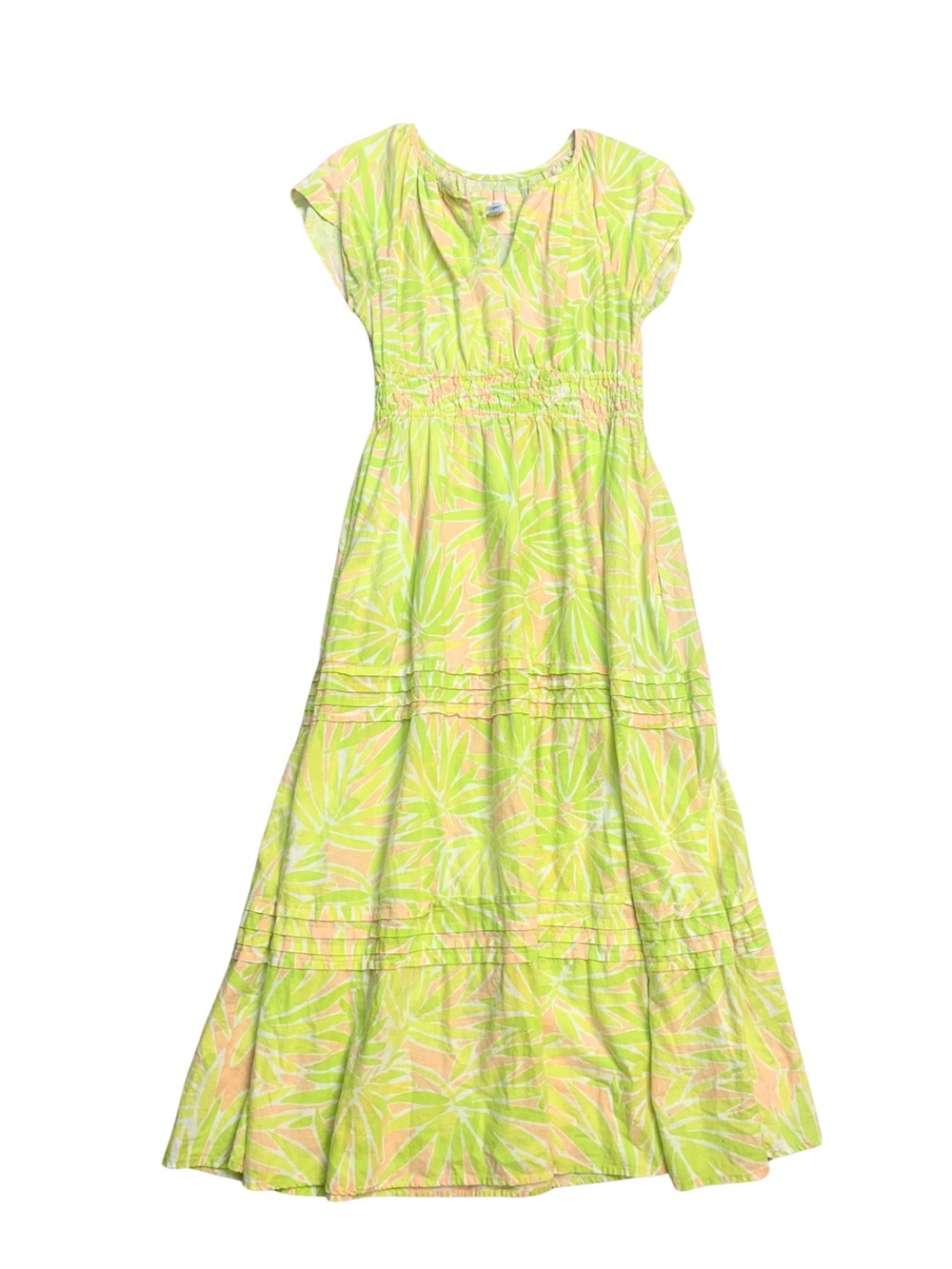 Sigrid Olsen Linen Green Peach Tropical Print Maxi Dress Getaway Vacay Summer